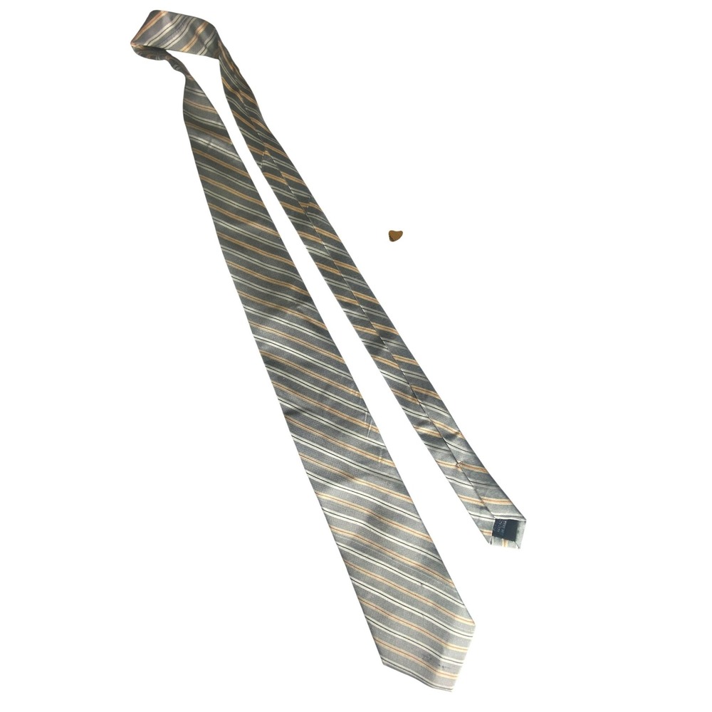 Paul Frederick Mens Striped Silk Necktie‎ Silver Orange Blue Formal Business